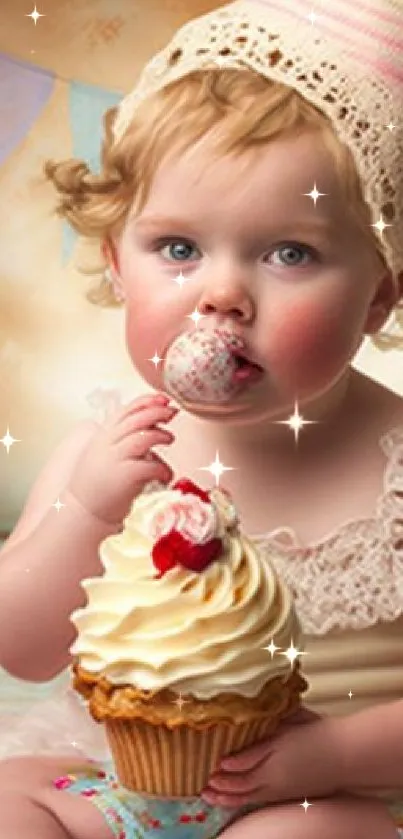 Adorable baby holding a giant cupcake with pastel decor.