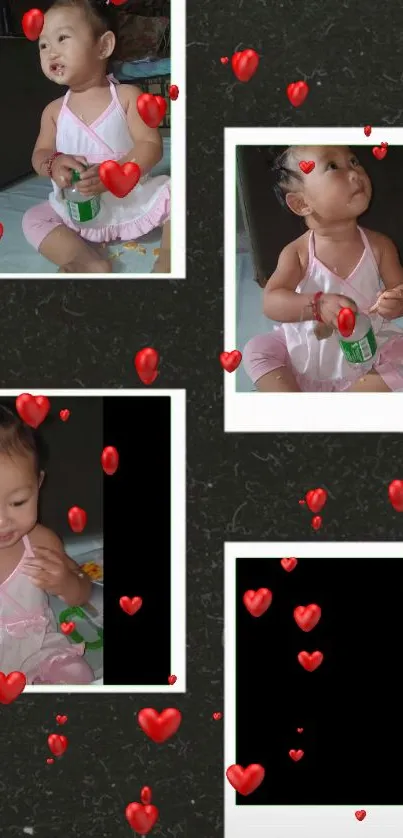 Wallpaper of a cute baby with heart frames and adorable expressions.