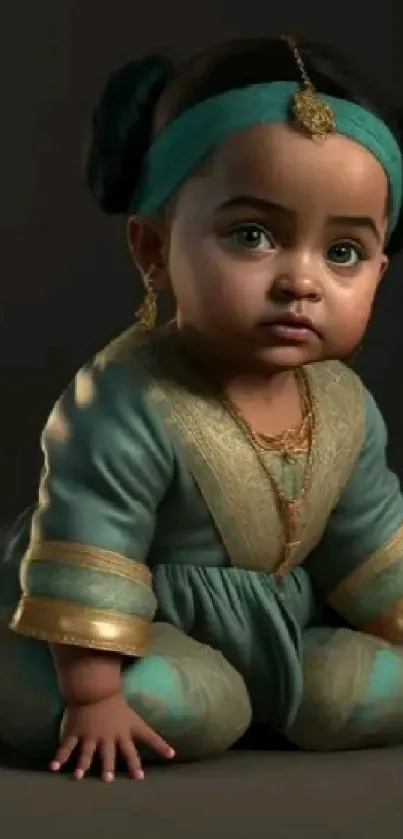 Adorable baby with teal outfit and a golden magic lamp.