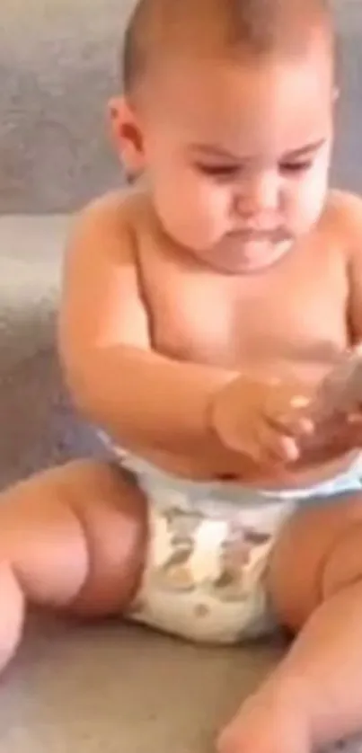 Adorable baby playing with mobile phone on stairs.