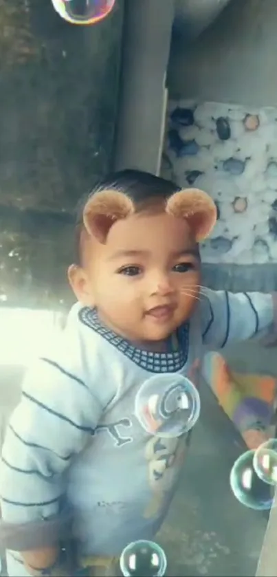 Smiling baby with digital mouse ears and playful bubbles.