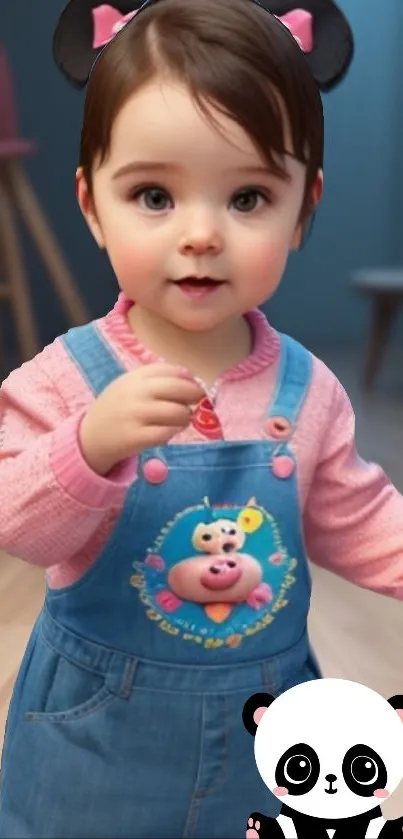 Adorable baby with panda ears in pink sweater and blue overalls.