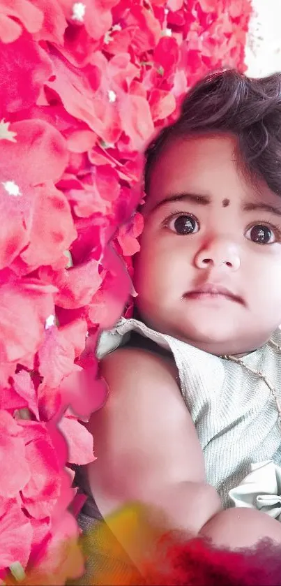 Cute baby lies on red flower petals with a gentle smile.