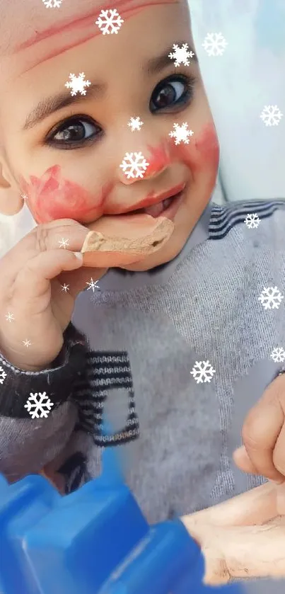 Adorable baby with snowflakes and face paint, smiling brightly.