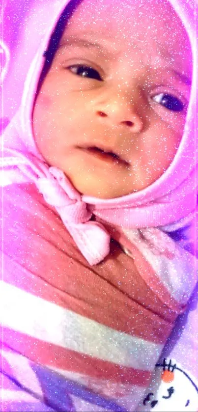 Adorable baby wrapped in pink with sparkling effect.