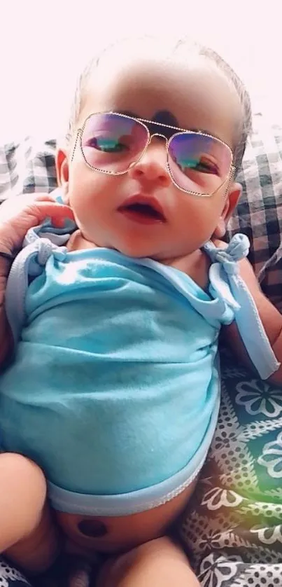 Adorable baby wearing sunglasses on patterned blanket.