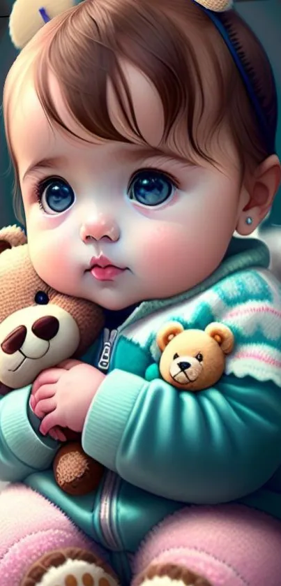 Adorable baby with teddy bear in teal outfit, mobile wallpaper.