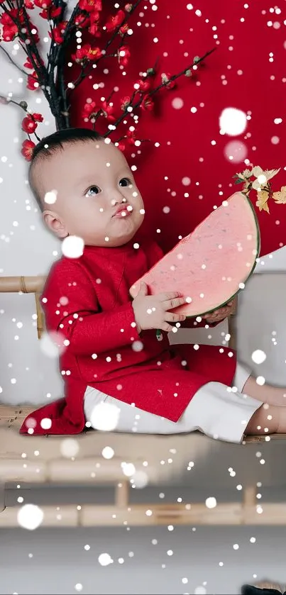 Cute baby holds watermelon in red festive scene with snowflakes.