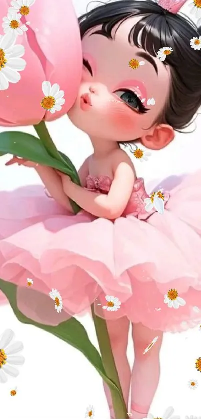 Cute anime ballerina with pink tutu and flowers.