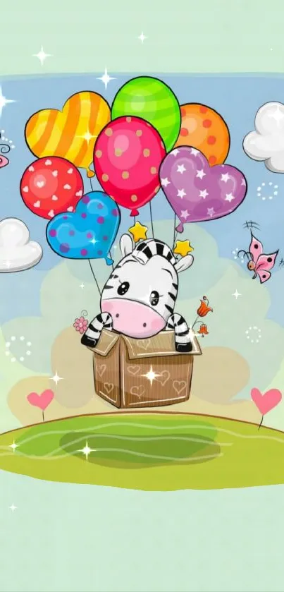 Cartoon zebra with balloons in a whimsical meadow scene.