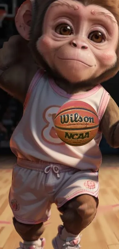 Adorable monkey in a pink basketball uniform on the court.