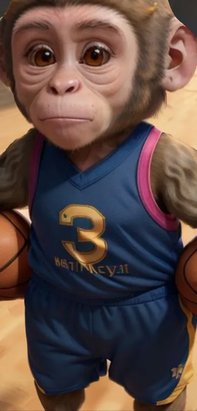 Cute monkey in a basketball jersey holding two balls on a court.