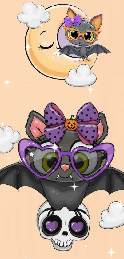 Cute cartoon bat with glasses and moon on peach background.