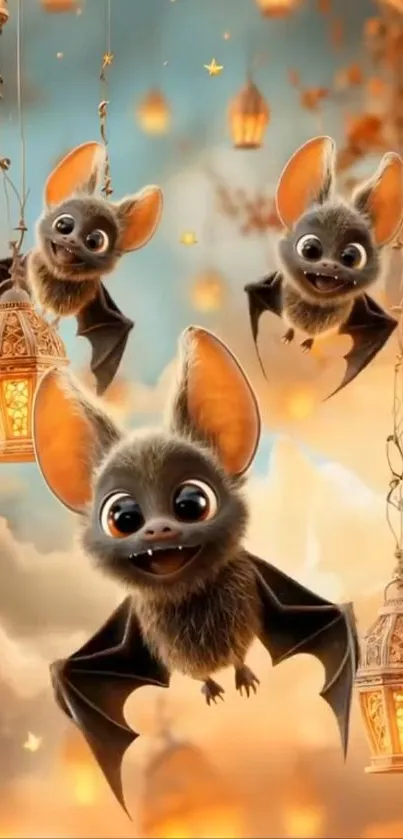 Cute bats and lanterns in a whimsical fantasy setting wallpaper.