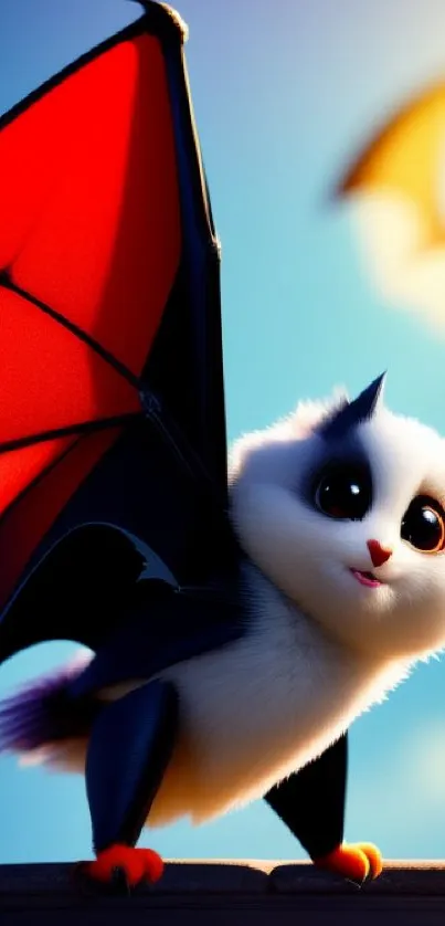 Adorable bat-panda with red wings against a sky background.