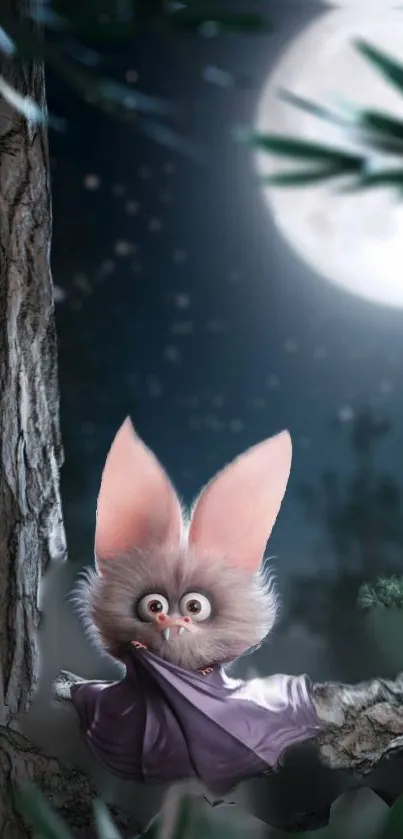 Cute bat with big ears under moonlight on a tree branch in the forest at night.