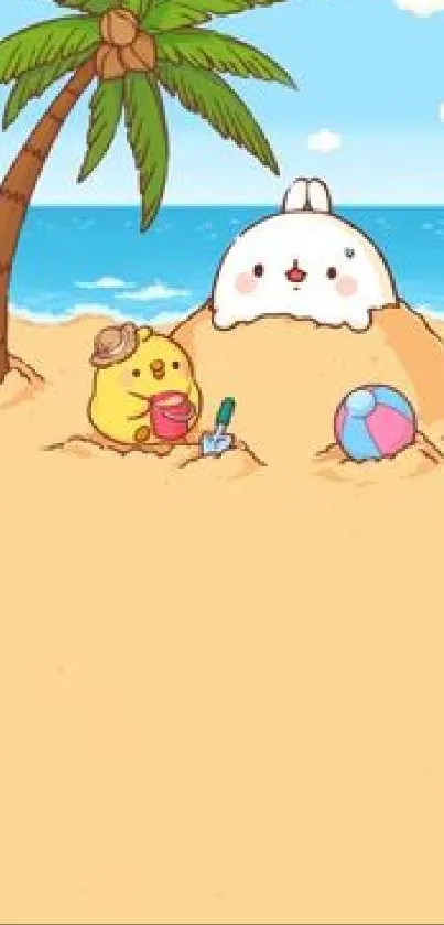 Cartoon bunny and chick at the beach with palm tree and ocean view.