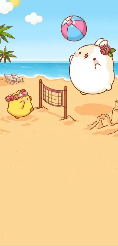 Cute cartoon beach scene with characters and volleyball.