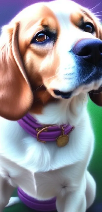 Cute beagle dog sitting with a purple collar.