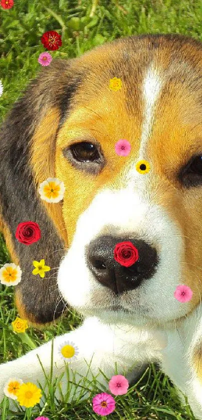 Cute beagle puppy lying on vibrant green grass.