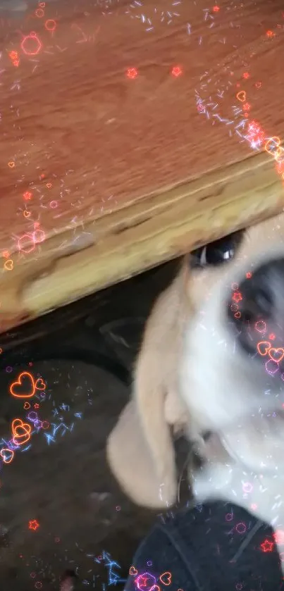 Adorable beagle puppy peeking from under a wooden table with cute expression.