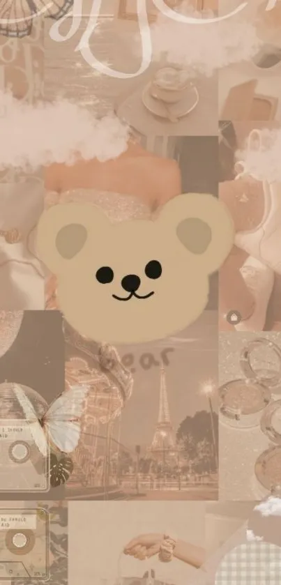 Cute bear aesthetic wallpaper with beige tones and collage elements.