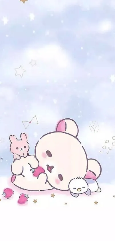 Adorable bear with balloons in pastel colors on mobile wallpaper.