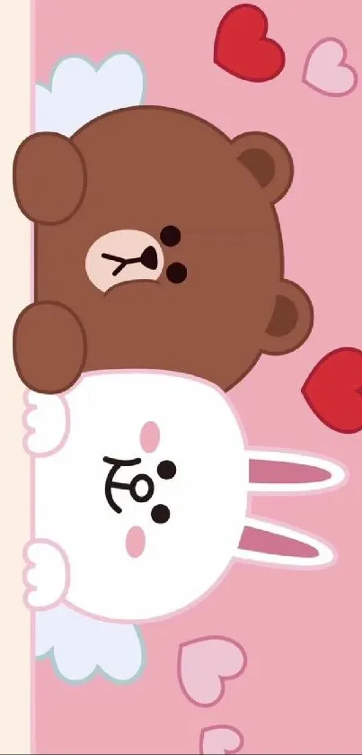 Cute wallpaper with bear and bunny on pink background.