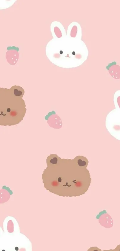 Cute wallpaper with bears, bunnies, and strawberries on a pink background.