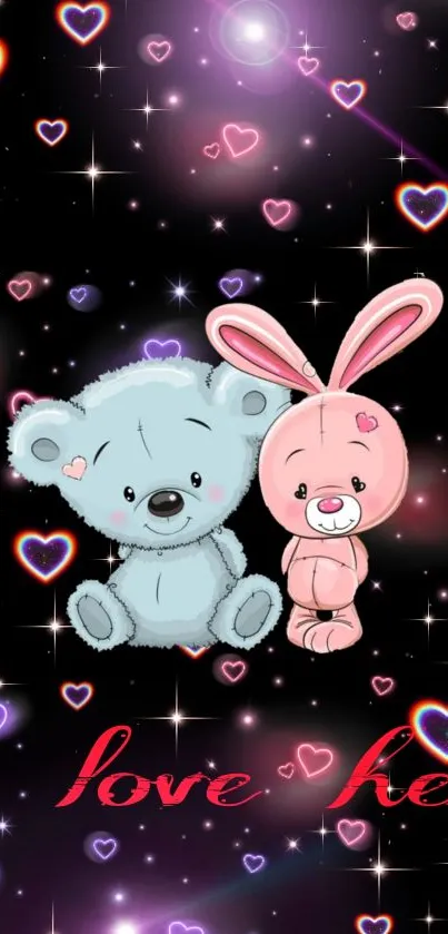 Cute bear and bunny with hearts and stars.