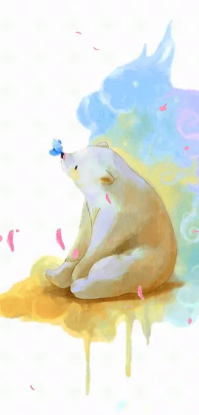 Cute bear with a butterfly on nose in pastel hues.