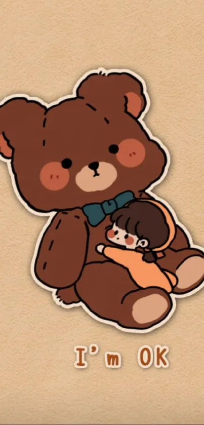 Adorable cartoon bear hugging a child with beige background.