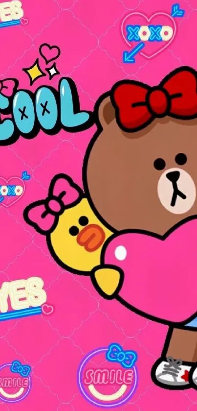 Cute bear holding heart with duck on pink background.