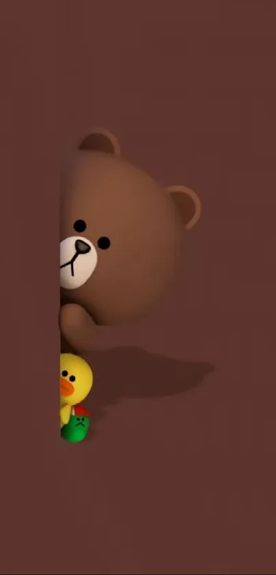 Cute bear and duck peeking from a brown background mobile wallpaper.