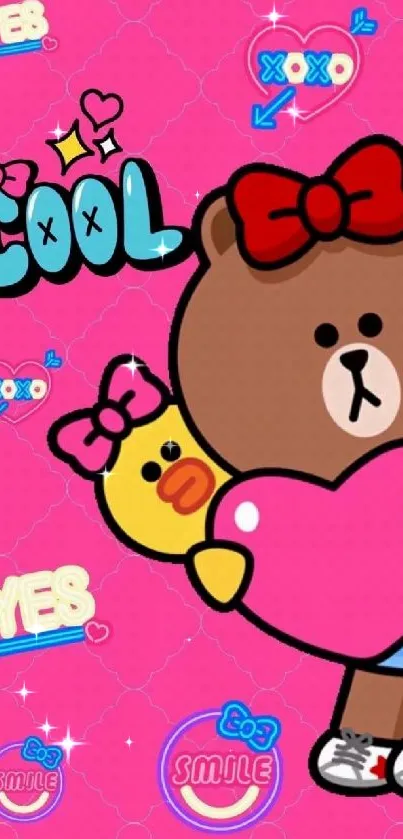 Cute bear and duck on pink wallpaper background.