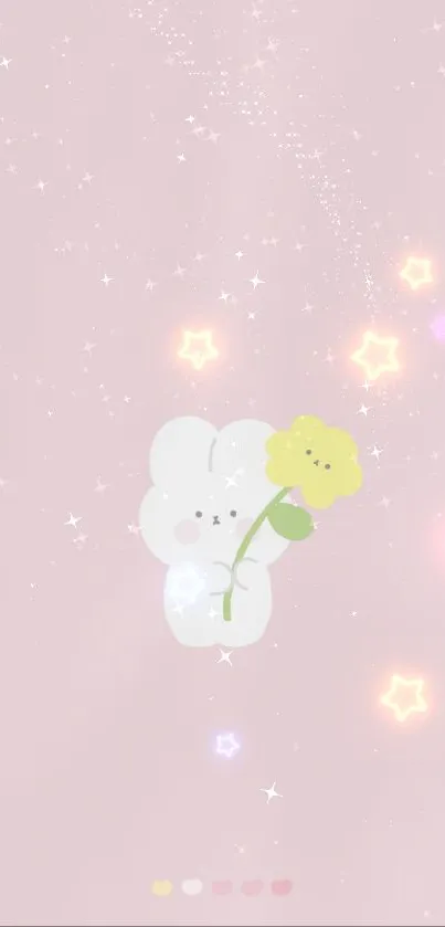 Cute bear holding a yellow flower on a pink background.