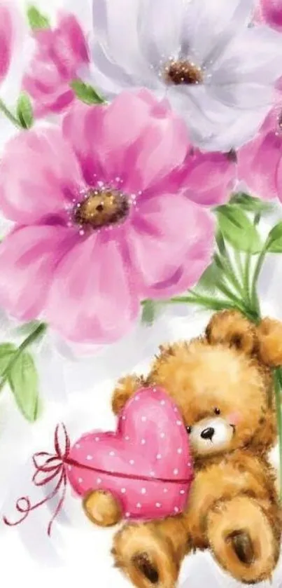 Cute teddy bear with pink flowers background for mobile wallpaper.