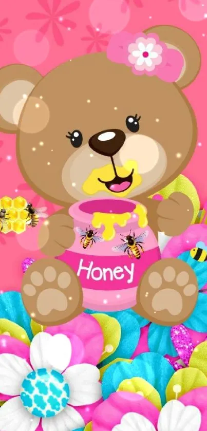 Cute bear with honey jar and colorful flowers on pink background.