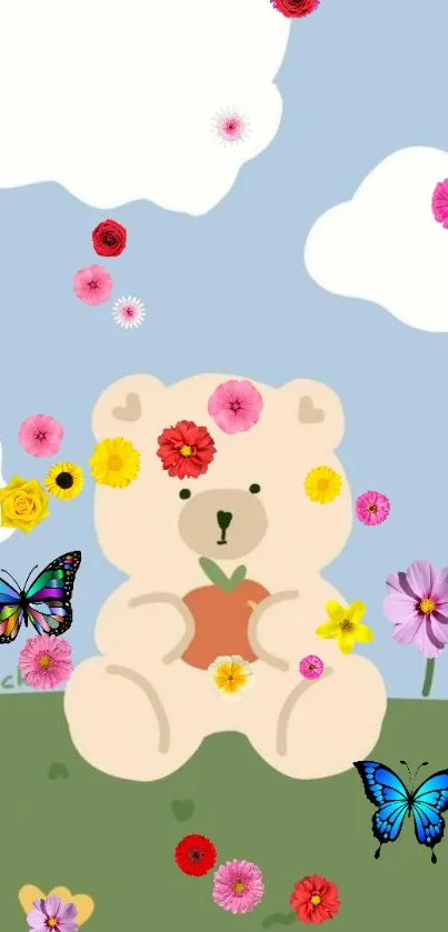 Cute bear with flowers and butterflies on a blue sky background.