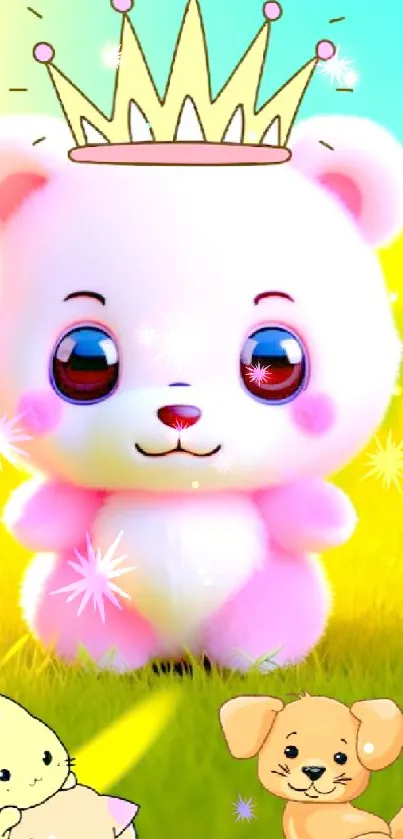Cute cartoon bear with crown, kittens, and puppy on a sunny field background.