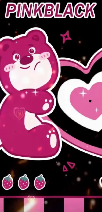 Cute bear with a pink heart on black background wallpaper.