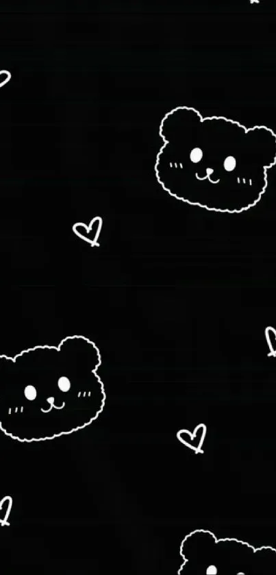 Cute bear faces and hearts on a black wallpaper background.