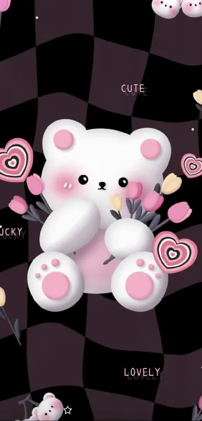 Cute bear with tulips on a pink and black mobile wallpaper.