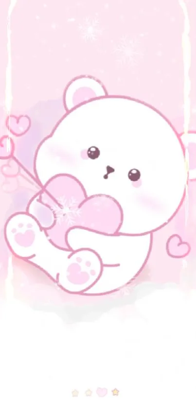 Cute bear holding pink hearts on pastel background.