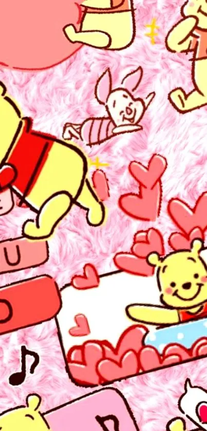 Cute cartoon bear with pink heart background.