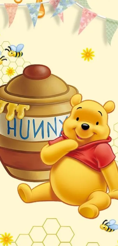 Cartoon bear with honey pot and bees in yellow theme.