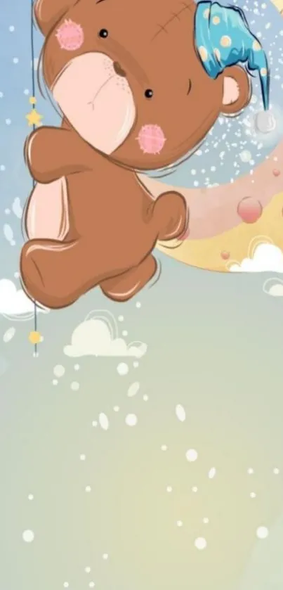 Cartoon bear with stars and moon background.