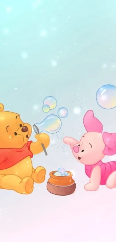 Cute bear and piglet blowing bubbles in pastel colors.