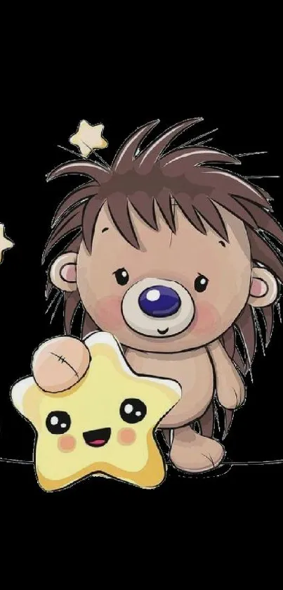 Cute cartoon bear holding a smiling star with a black background.