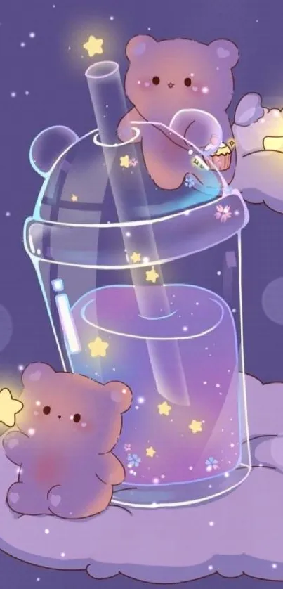 Cute bears with starry elements on a purple background wallpaper.